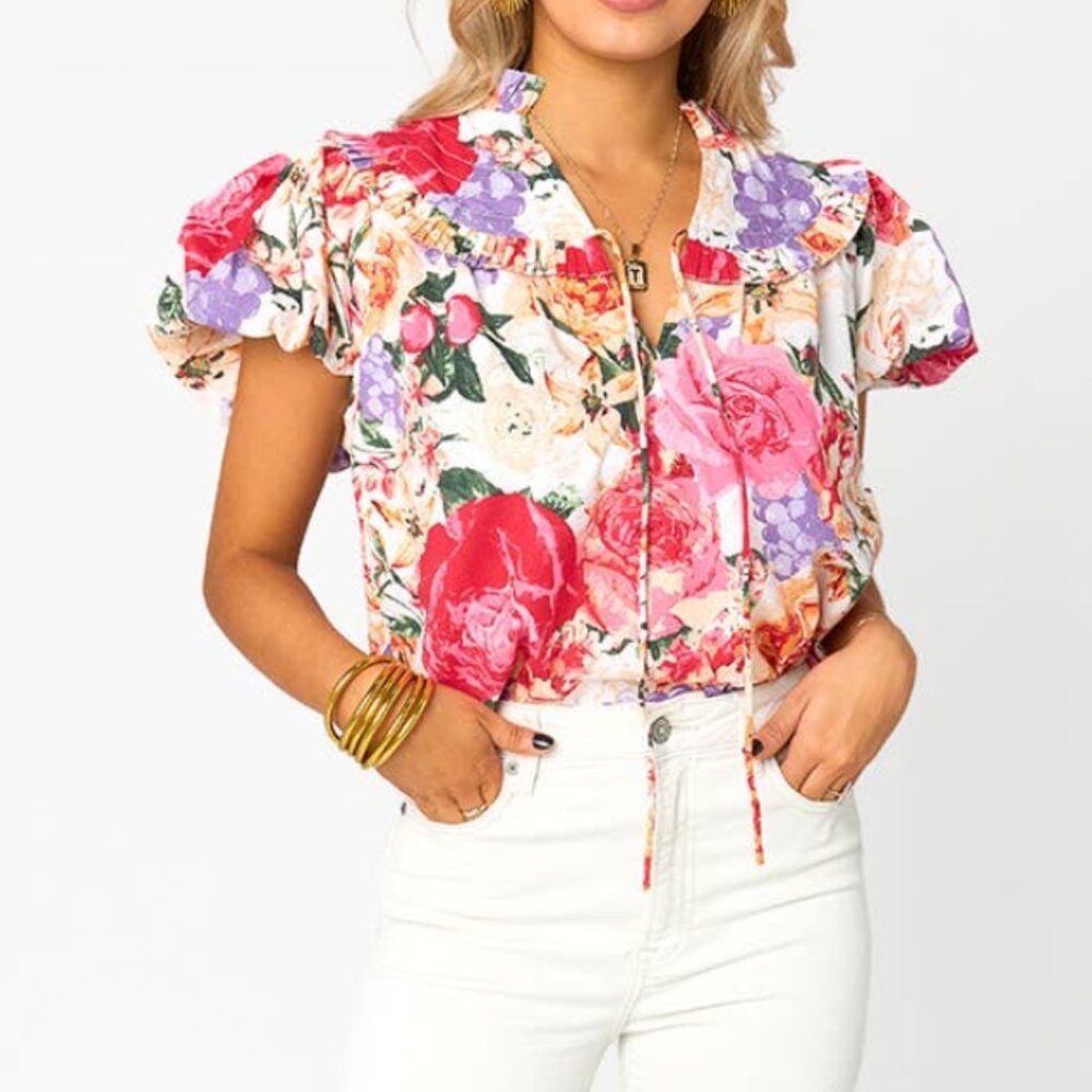 BUDDYLOVE Leeland Floral Ruffle Puff Sleeve Top, Pink, Size L